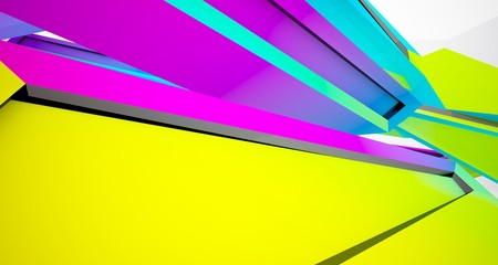 Fototapeta premium Abstract architectural white interior with color gradient and black of a minimalist house with large windows. 3D illustration and rendering.