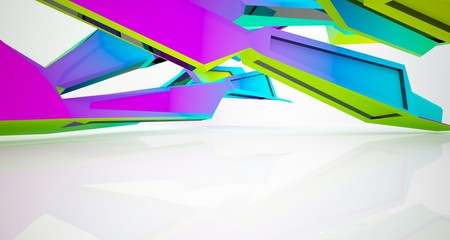 Abstract architectural white interior with color gradient and black of a minimalist house with large windows. 3D illustration and rendering.