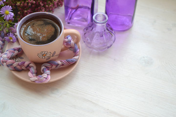 Morning coffee. Sunday relax and still life concept, violet and white,  free place for text