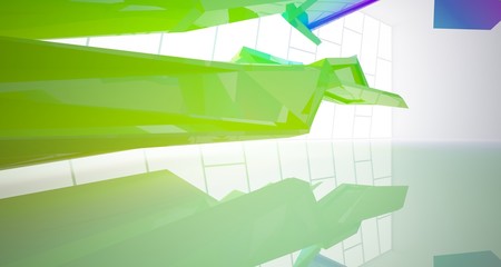 Obraz premium Abstract architectural white interior with color gradient of a minimalist house with large windows. 3D illustration and rendering.