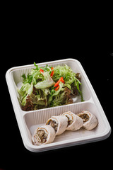Healthy food delivery. Take away for diet. Fitness nutrition, vegetables, meat and fruits in eco boxes isolated on a black background. series of photos