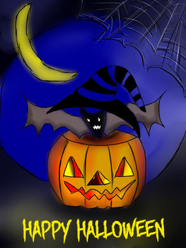Happy Hallowen pumpkin with agry bat cartoon  illustration