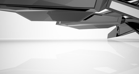 Abstract architectural white and black gloss interior of a minimalist house with large windows. 3D illustration and rendering.