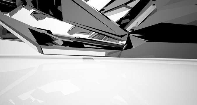 Abstract architectural white and black gloss interior of a minimalist house with large windows. 3D illustration and rendering.