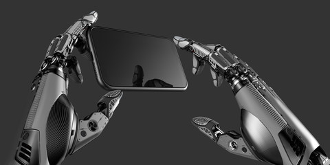 Hightly detalied Robot arms working with smartphone touch screen, 3d rendered