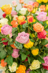 Bright multicolored bouquet of roses. Natural flowers background, soft focus. Colorful roses flower background, group of multicolor rose make from clay, handmade product. vertical photo