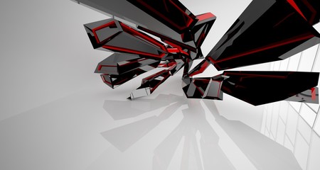 Abstract architectural red and black gloss interior of a minimalist house with large windows.. 3D illustration and rendering.