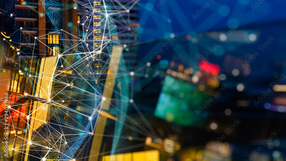Poster Wireless network and Connection technology concept with Abstract buildings and city background