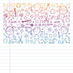 Creative kids dancing, sing, playing football, playing guitar, violin, making models from paper. Gradient drawing on exercise notebook.