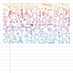 Creative kids dancing, sing, playing football, playing guitar, violin, making models from paper. Gradient drawing on exercise notebook.