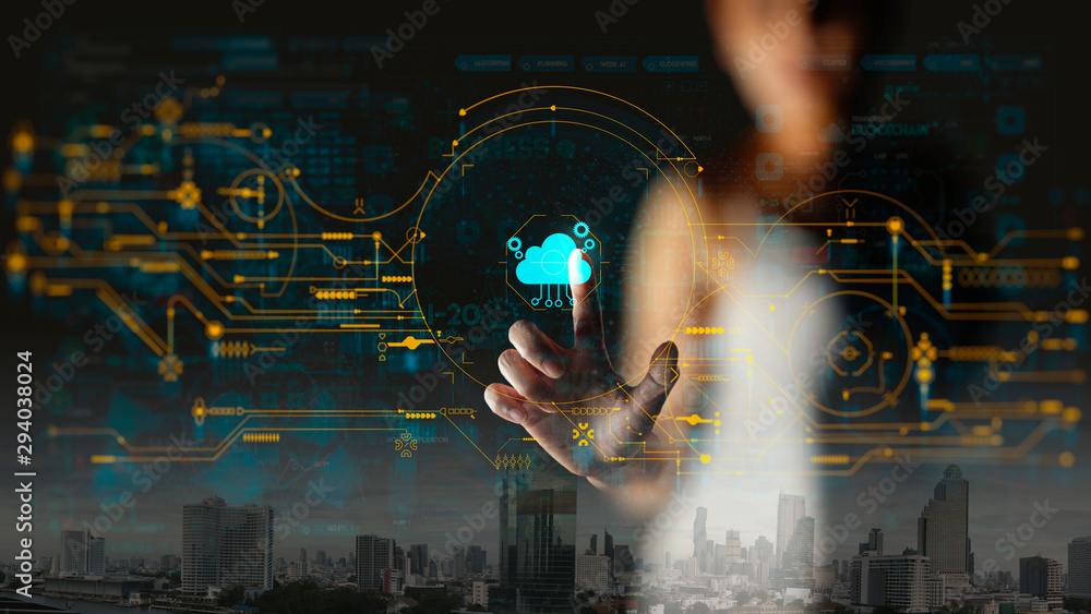 Aufkleber businesswoman hand pushing icon ui of cloud computing technology internet storage network concept