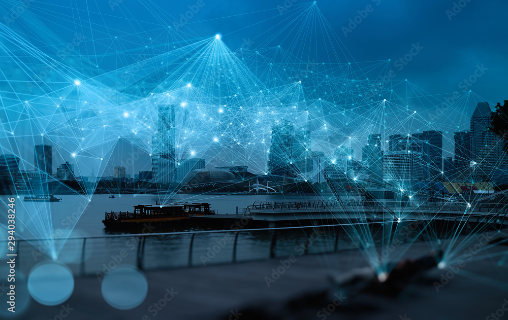 Leinwandbilder wireless network and connection technology concept with abstract singapore city background