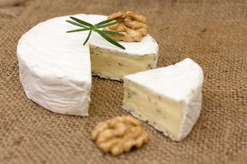 Camembert cheese with herbs, decorated   with a sprig of rosemary and walnut. Close-up.
