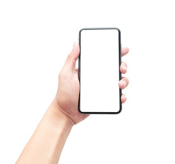 Male hand holding the black smartphone with blank screen isolated on white background with clipping path.