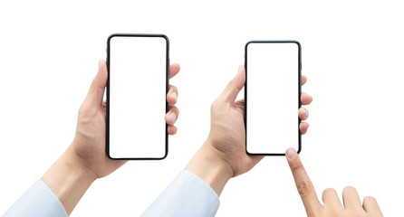 Set of businessman holding the black smartphone with blank screen isolated on white background with clipping path.