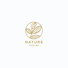 Tropical plant logo design. Outline emblem flower in a circle in linear style. Vector abstract badge for design of natural products, flower shop, cosmetics, ecology concepts, health, spa, yoga