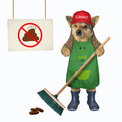 The dog janitor in a green apron and red cap is cleaning up pet dog's poop with a broom. The sign...