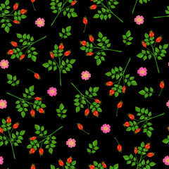 Seamless pattern with rose hip, roses and green branches