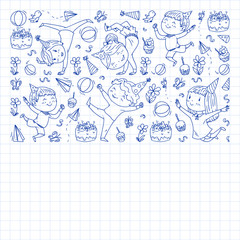Fototapeta na wymiar Vector illustration in cartoon style, active company of playful preschool kids jumping, at a party, birthday. Pen drawing in squared notebook.