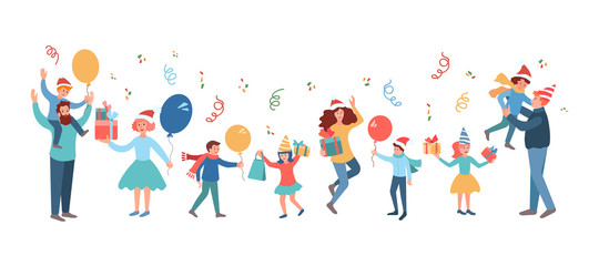 Happy family people with children celebrate New Year and Christmas. Vector illustration