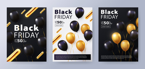 Black Friday Sale set of posters, flyers, banners design with balloons and 3d geometric dynamic golden shapes. Vector illustration. Trendy design template for advertisement, social and fashion ads