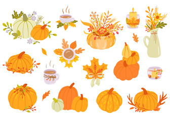 Set of pumpkins and leaves, cup , candle, jug. Vector illustration. 