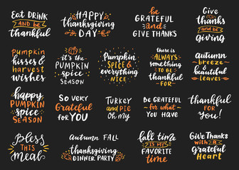 Set of phrases about thanksgiving day. Hand drawn lettering. 