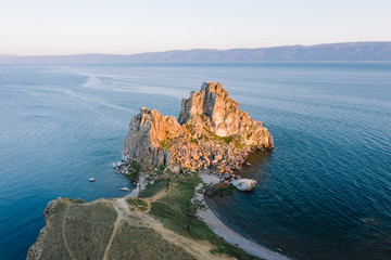 Aerial view of Shamanka Rock (Cape Burhan) natural landmark and symbol of Baikal Lake near the...