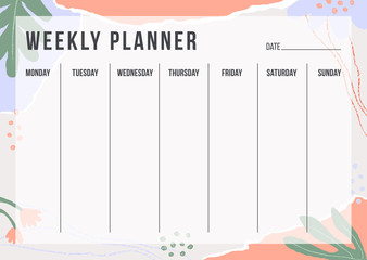 Floral weekly planning template with pieces of torn paper, flower and chalk line. Blank weekly planner with notes in pastel colors. Simple stylish organizer design. Vector illustration