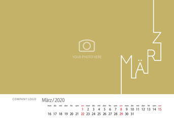 2020 New Desk Calendar German language March line design template gold background