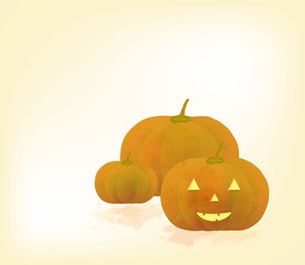 Halloween scary pumpkin face in watercolor background banner, vector illustration.