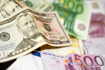 Dollar and Euro. Finance and Economy. Five hundred Euro and Fifty Dollars