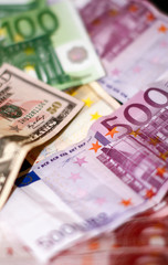 Dollar and Euro. Finance and Economy.   Five hundred Euro and Fifty Dollars