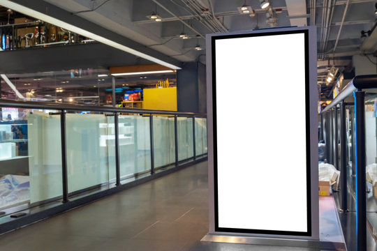 Blank White Screen, Digital Billboard Or Advertising Light Box For Your Text Message Or Media Content In Modern Department Store Shopping Mall, Advertisement, Commercial And Social Marketing Concept
