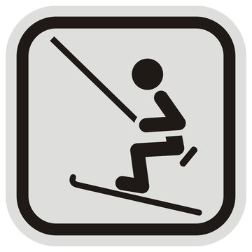 recommend clip art: skier on lift, black silhouette of figure on gray background, vector icon