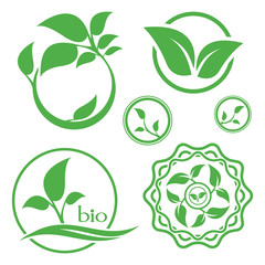 Bio organic logo. Set of abstract green leaf emblem. 
