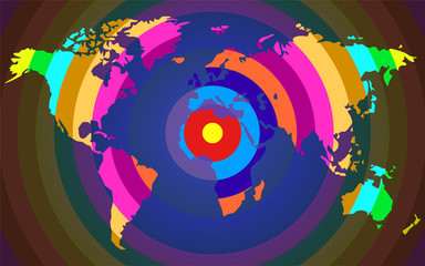 Abstract world map of colorful radial stripes, vector