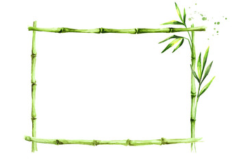 Bamboo frame, Wood stick banner. Watercolor hand drawn illustration, isolated on white background