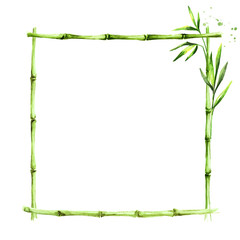 Bamboo frame. Wood stick banner. Watercolor hand drawn illustration, isolated on white background