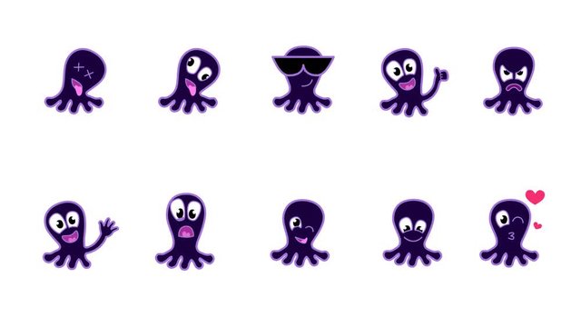 10   emojis animated loops alpha channel - emoji: Dizzy Face, crazy,  Smiling Face With Sunglasses, Thumbs Up, Face Blowing a Kiss
