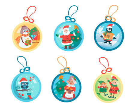 Christmas balls with Christmas plots and Christmas characters Santa Claus, snowman, penguin, owl, happy people and decorated Christmas tree.