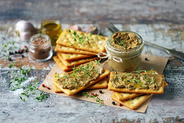 Homemade liver pate. Delicious homemade pate with spices and herbs. Keto diet. Healthy food. Selective focus. Macro.