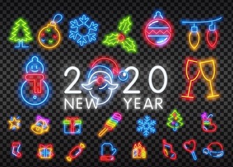 Set of Christmas and New Year icons on transparent background in a flat style with neon effect. Transparent glow effect. Brick wall background.