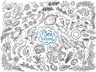 Set of seafood isolated on white. Vector illustration. Perfect for menu or food package design.