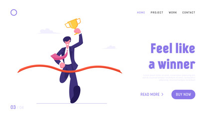 Leadership and Competition Website Landing Page. Business Man Holding Golden Goblet Take Part in Race Run to Success Crossing Finish Line with Ribbon Web Page Banner. Cartoon Flat Vector Illustration