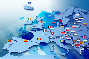 Europa Infografika z flagami państw - obrazy, fototapety, plakaty