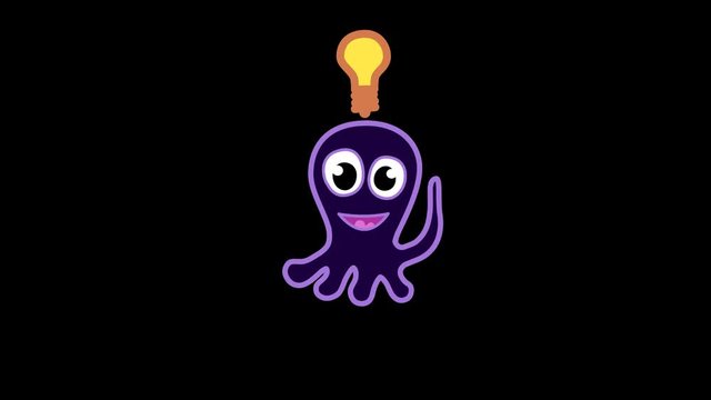 the idea came to the monster. Cute cartoon octopus. The light is on. Alpha channel looped