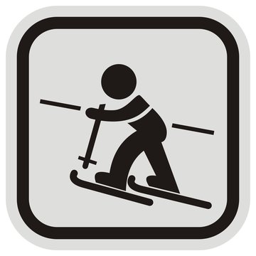 recommend clip art: Children's ski lift, vector icon, black silhouette of little skier at gray ad black frame