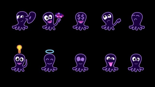 Set of 10 emoji. 10 funny emotions. Animated octopus emotions. Alpha channel looped