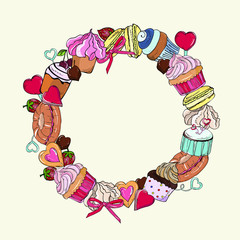 Wreath, round frame from the traditional symbols of Valentine's Day, birthday and wedding. Cupcake, cake, candy, hearts. For cards, invitations, banners, logos. hand drawing, sketch
